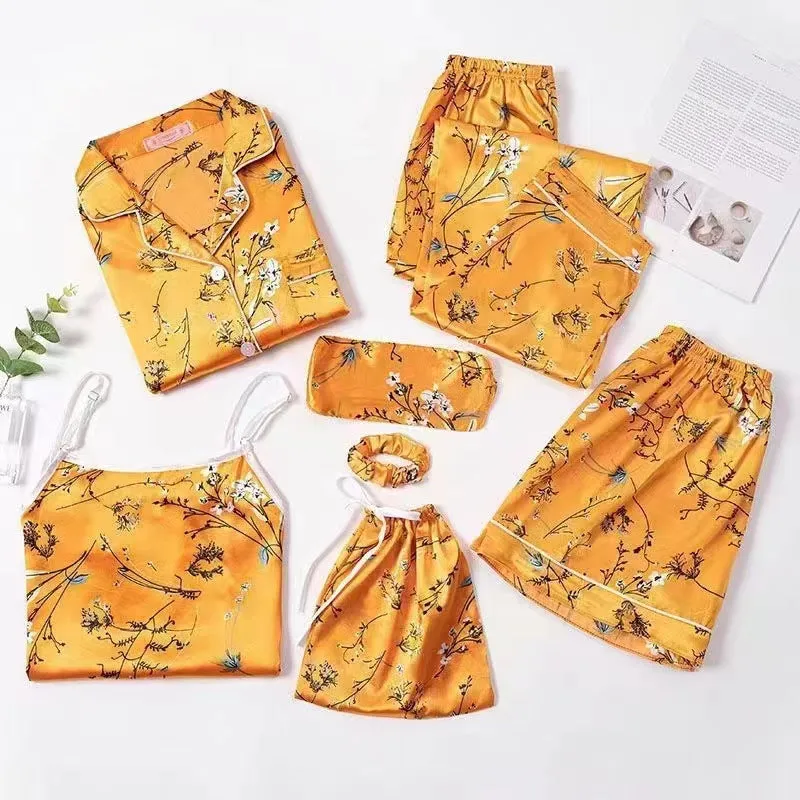 7 Piece Printed Silk Pajamas Set