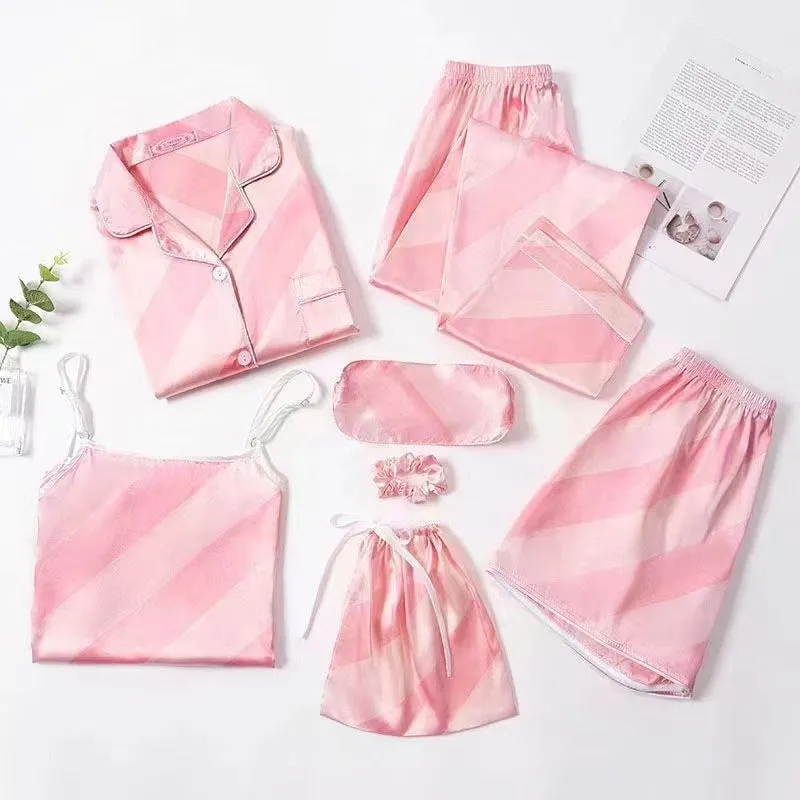 7 Piece Printed Silk Pajamas Set