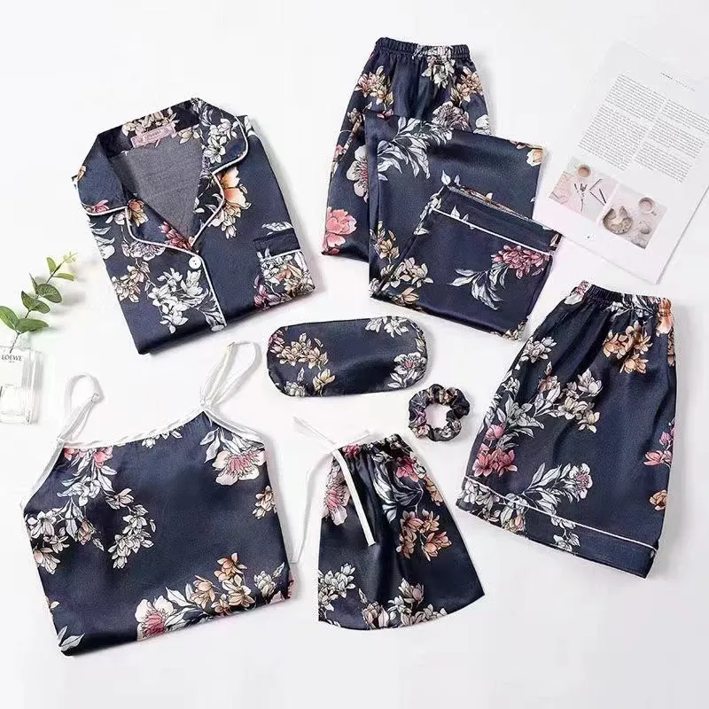 7 Piece Printed Silk Pajamas Set