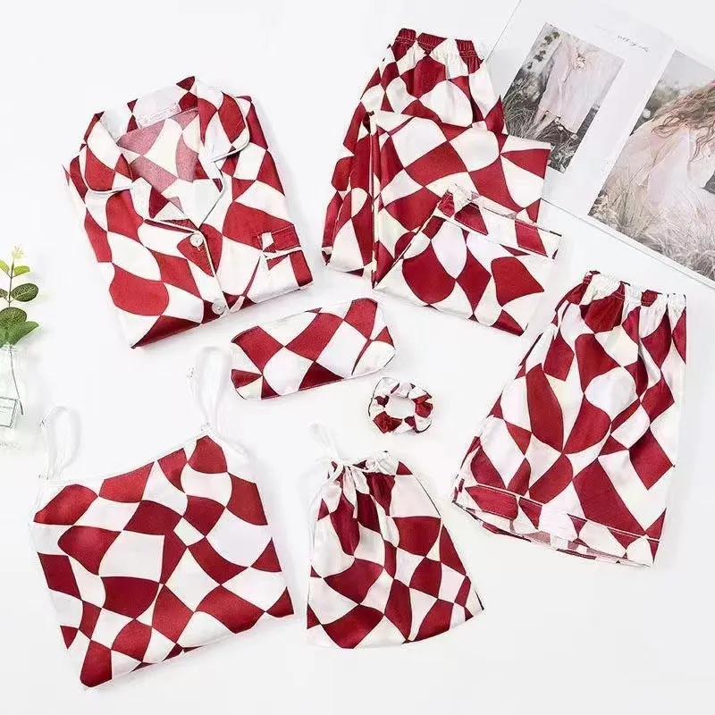 7 Piece Printed Silk Pajamas Set