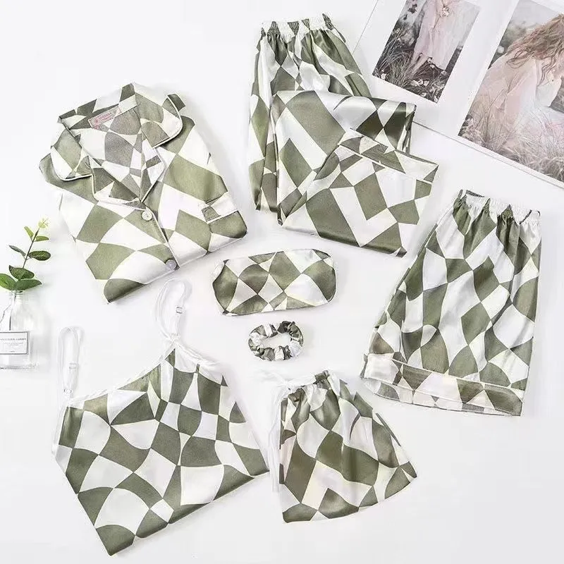 7 Piece Printed Silk Pajamas Set