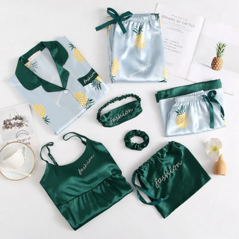 7 Piece Printed Silk Pajamas Set