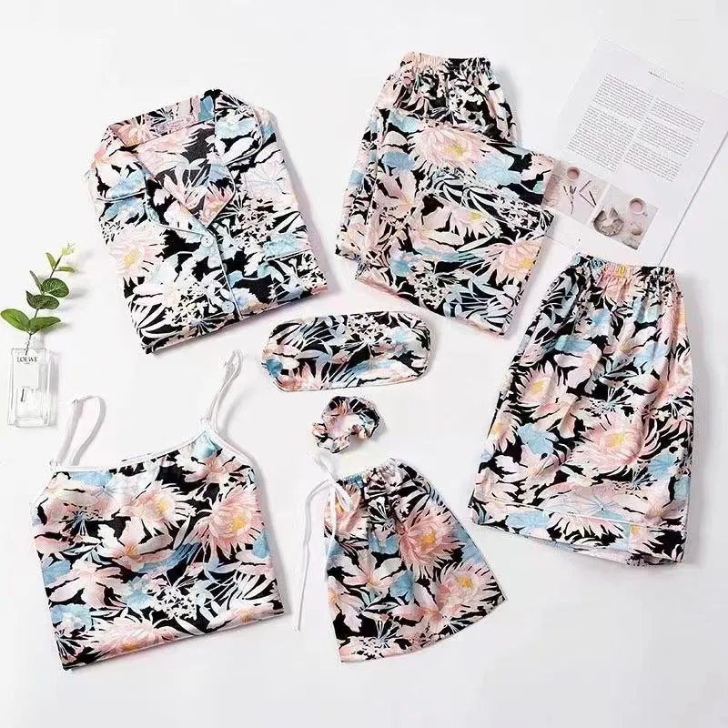 7 Piece Printed Silk Pajamas Set