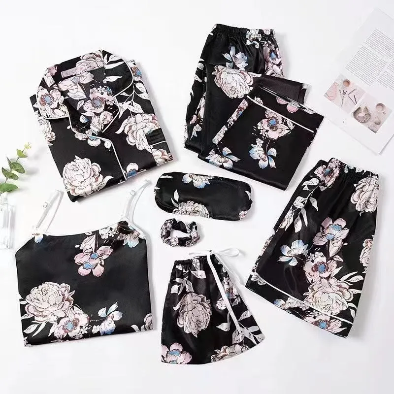 7 Piece Printed Silk Pajamas Set