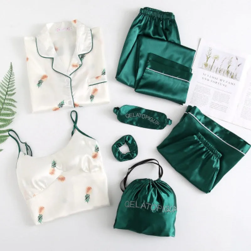 7 Piece Printed Silk Pajamas Set