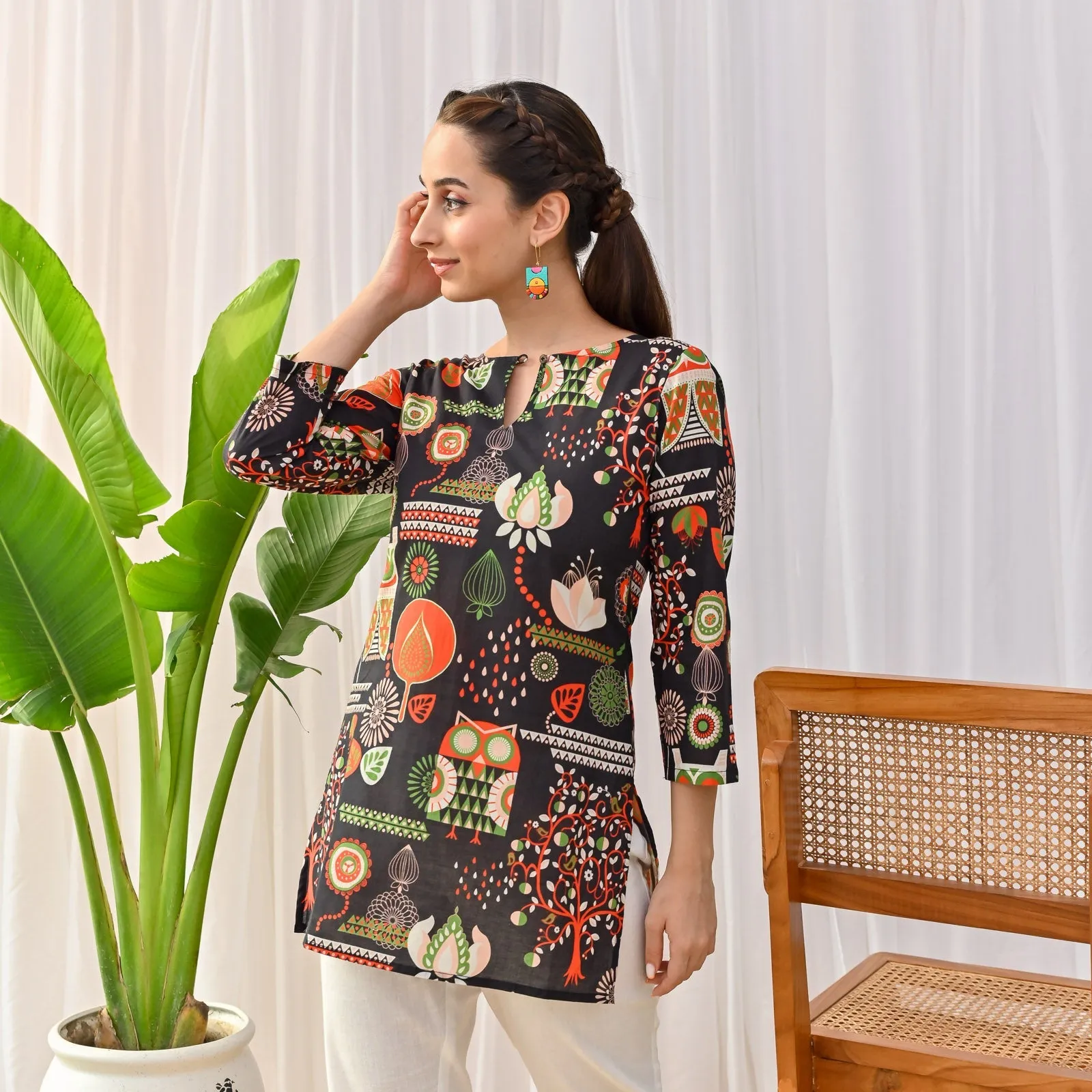 Black Cotton Owl Printed Ethnic Tunic Top
