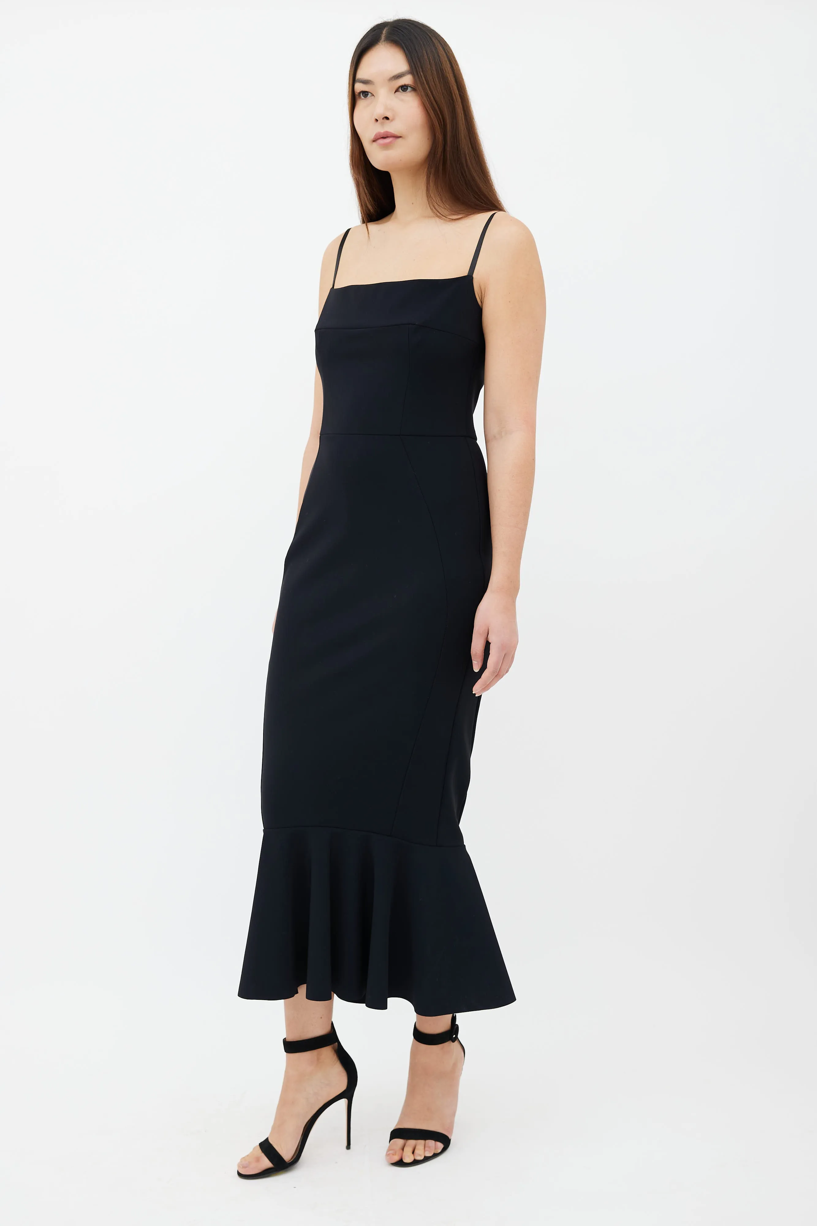 Black Ribbon Strap Ruffle Hem Dress