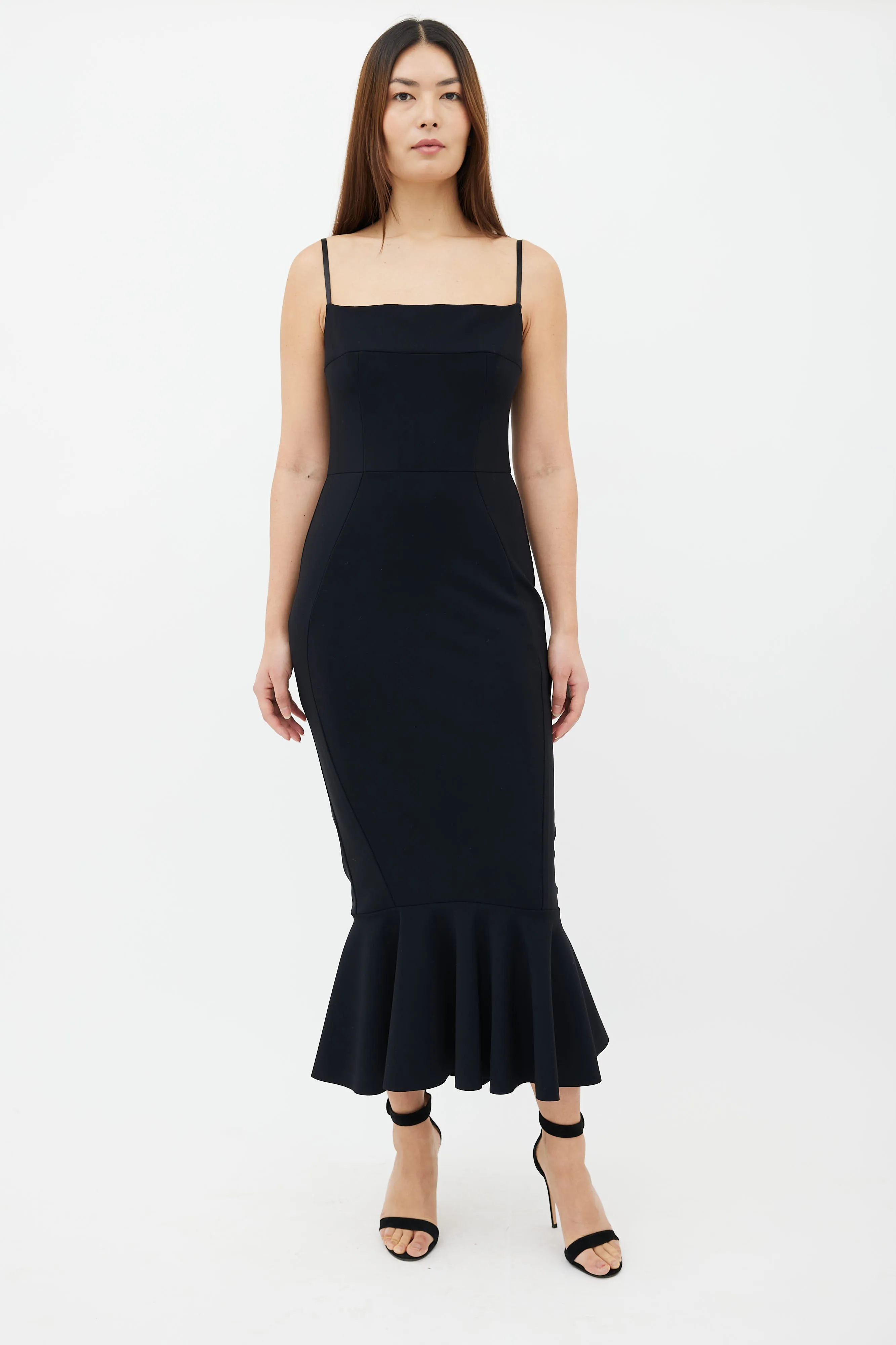 Black Ribbon Strap Ruffle Hem Dress