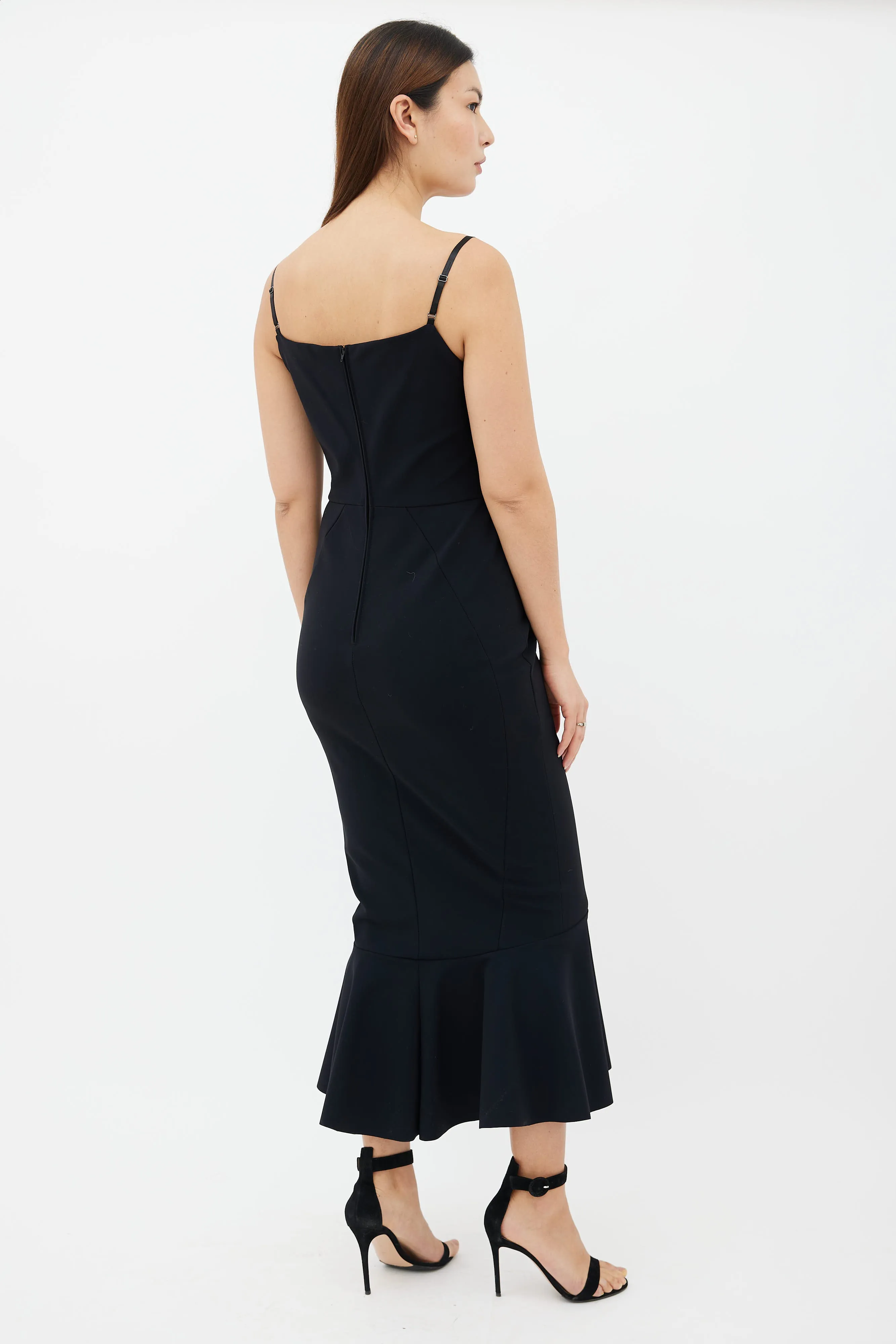 Black Ribbon Strap Ruffle Hem Dress