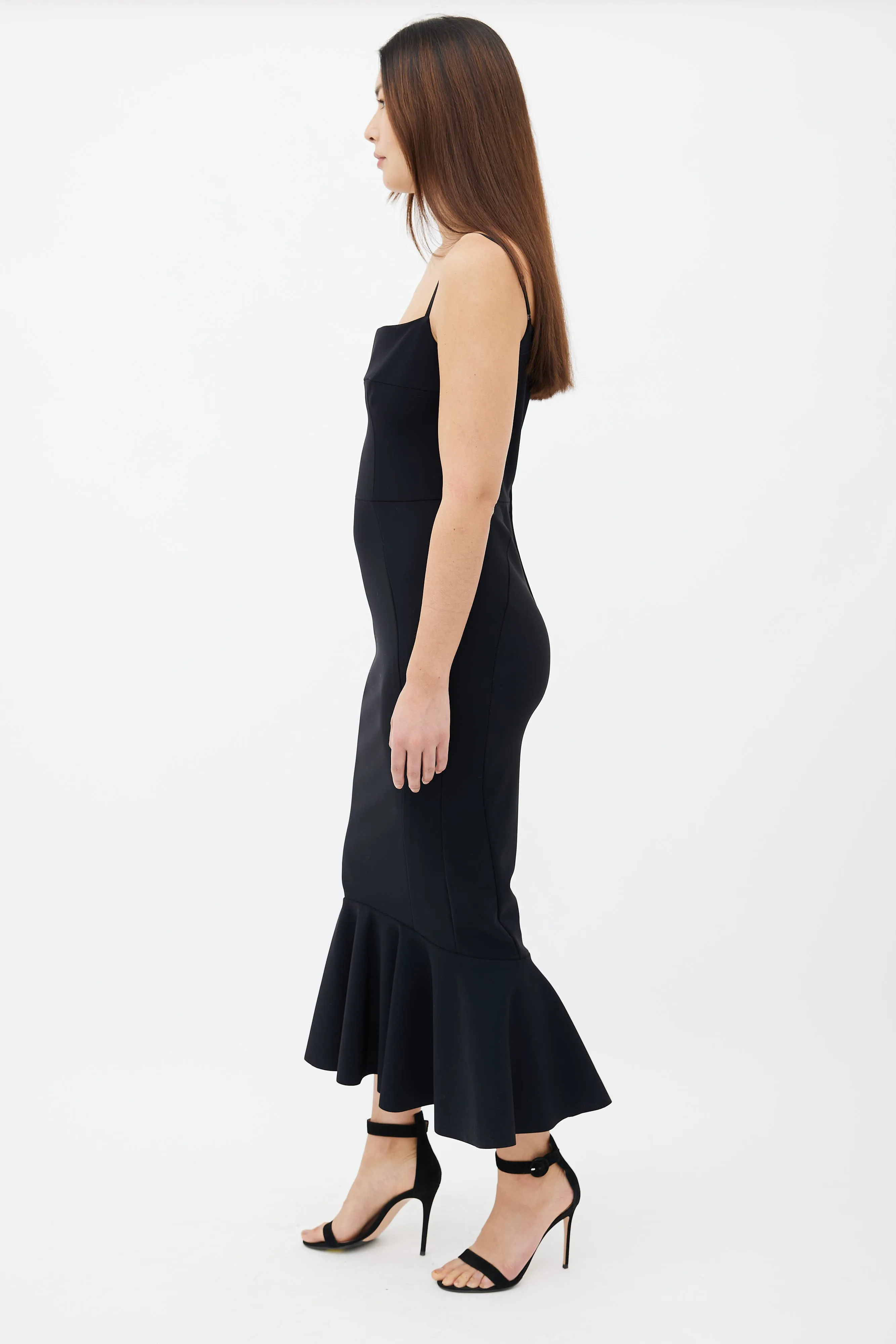 Black Ribbon Strap Ruffle Hem Dress