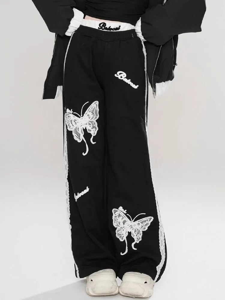 Black/Red Lace Butterflies Straight-leg Cut Pants Lace Trim