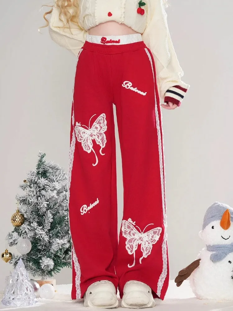 Black/Red Lace Butterflies Straight-leg Cut Pants Lace Trim