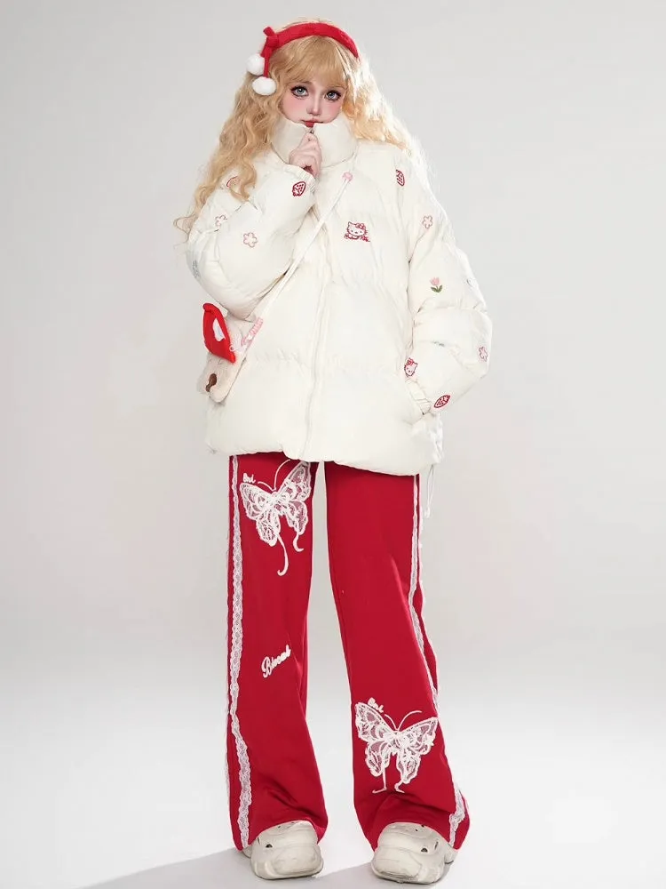 Black/Red Lace Butterflies Straight-leg Cut Pants Lace Trim