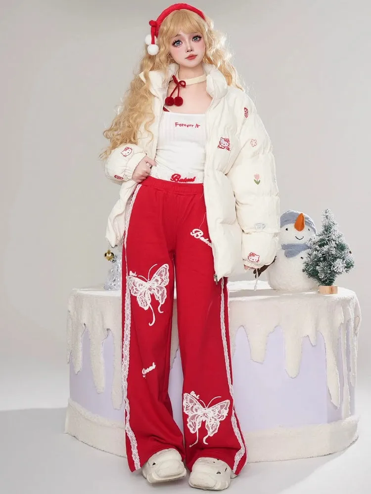 Black/Red Lace Butterflies Straight-leg Cut Pants Lace Trim