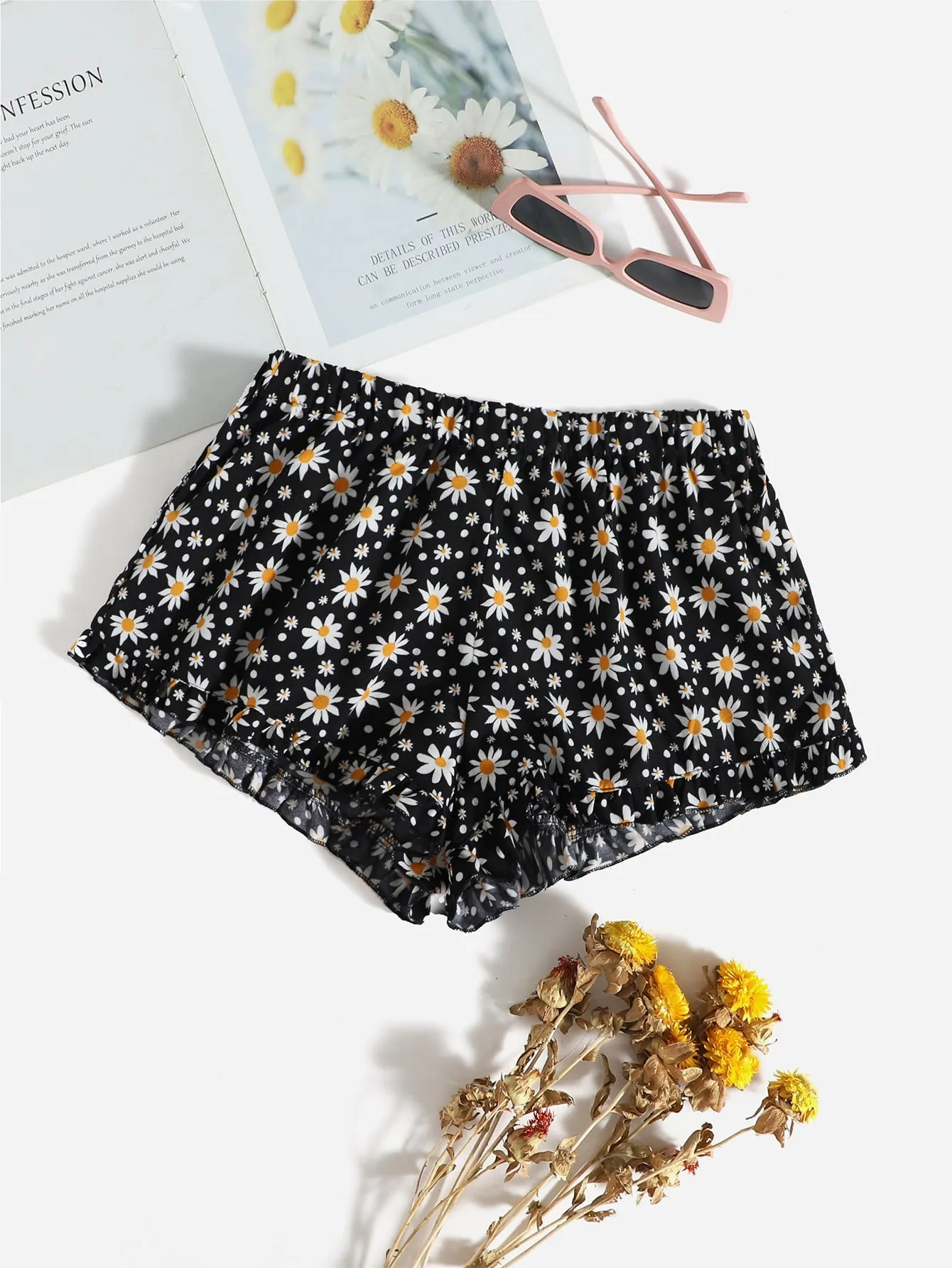 Boho Polka Dot Ruffle Hem Natural Women Shorts
