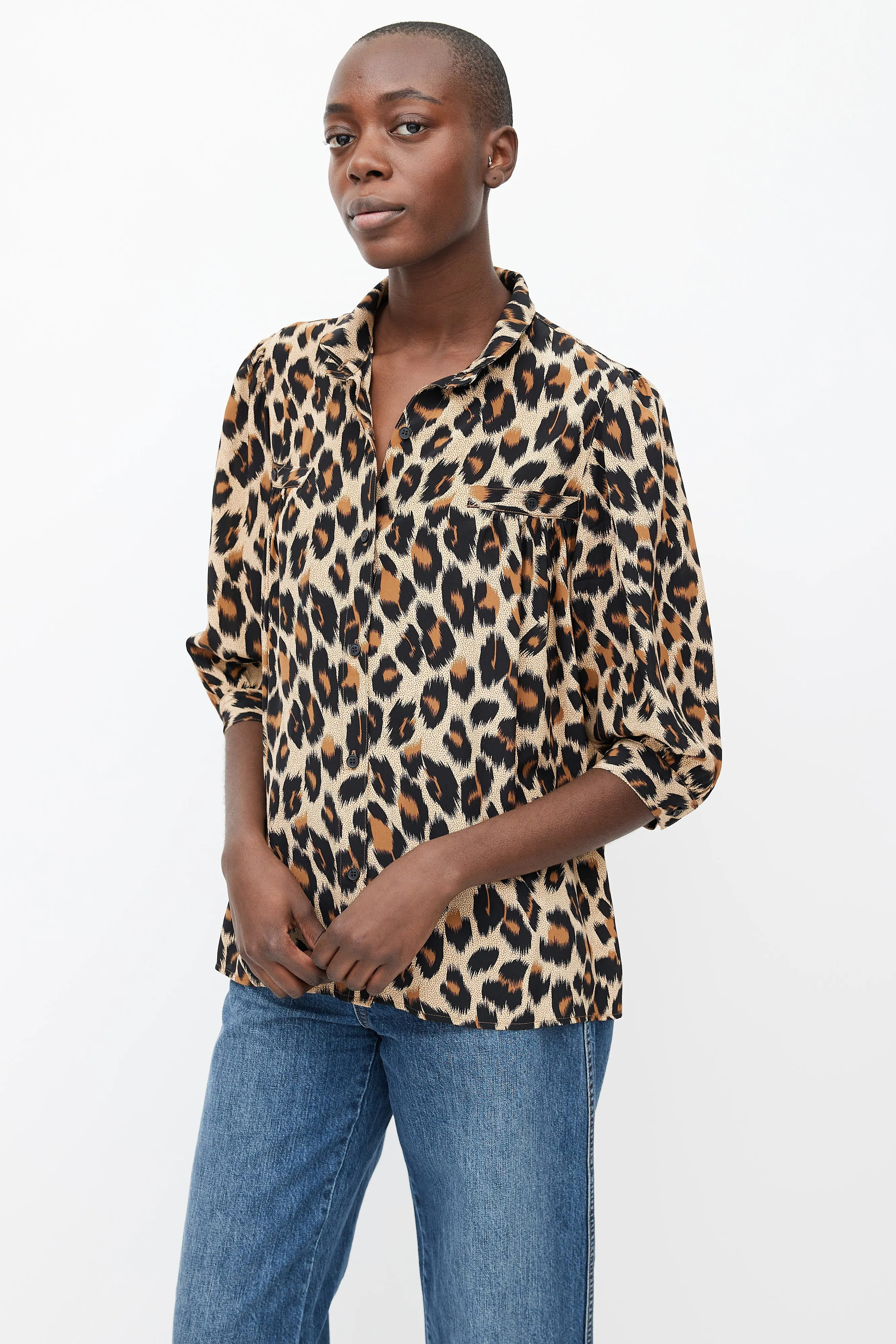 Brown & Black Pattern Three-Quarter Sleeve Blouse