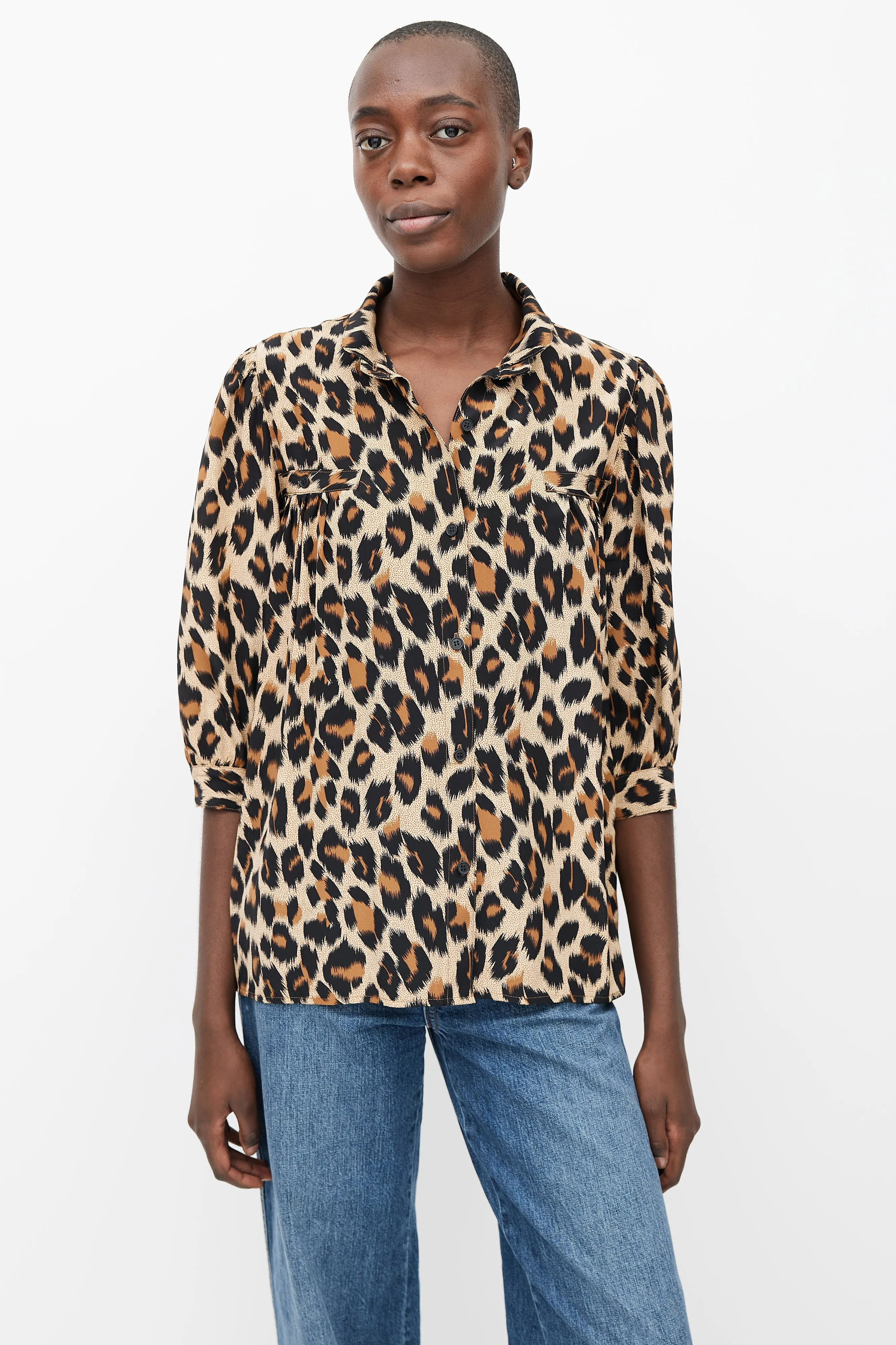 Brown & Black Pattern Three-Quarter Sleeve Blouse