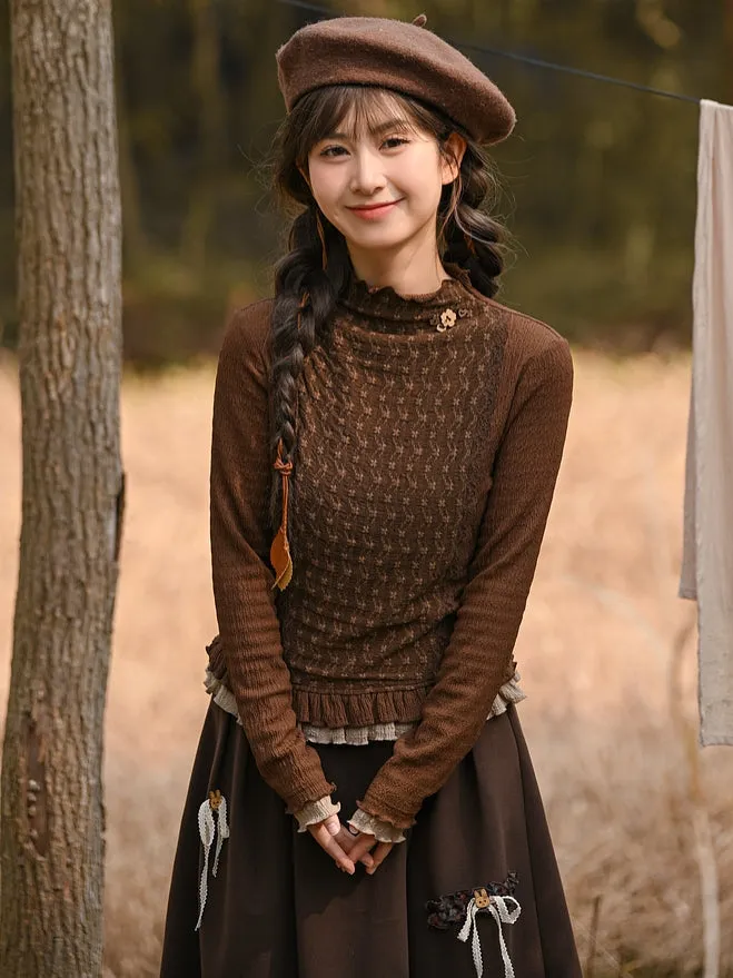 Brown Ruffle Neckline Long Sleeves Top Ruffle Hem
