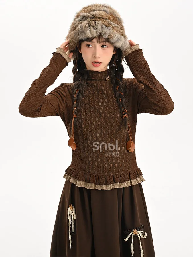 Brown Ruffle Neckline Long Sleeves Top Ruffle Hem