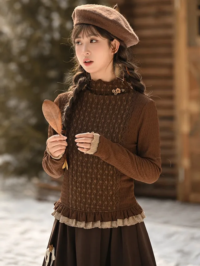 Brown Ruffle Neckline Long Sleeves Top Ruffle Hem