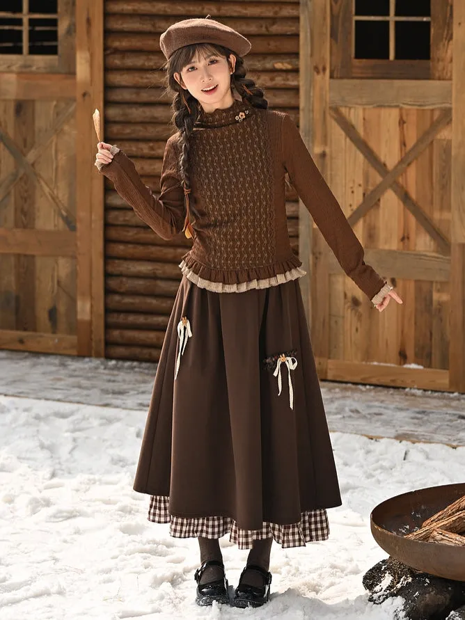 Brown Ruffle Neckline Long Sleeves Top Ruffle Hem
