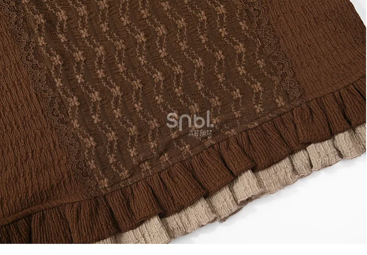 Brown Ruffle Neckline Long Sleeves Top Ruffle Hem