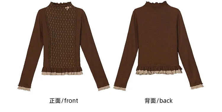Brown Ruffle Neckline Long Sleeves Top Ruffle Hem