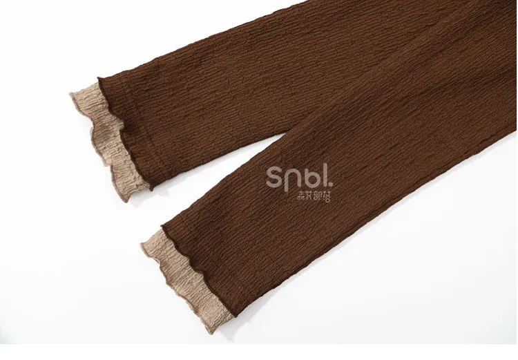 Brown Ruffle Neckline Long Sleeves Top Ruffle Hem