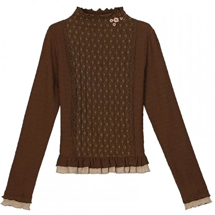 Brown Ruffle Neckline Long Sleeves Top Ruffle Hem