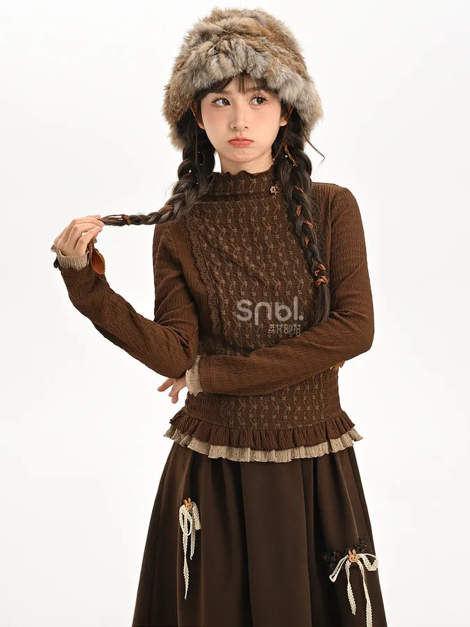Brown Ruffle Neckline Long Sleeves Top Ruffle Hem