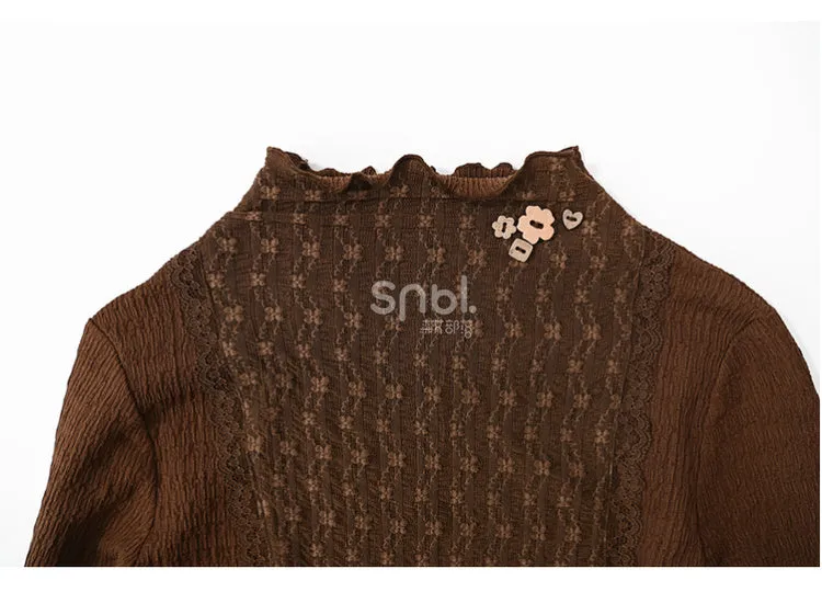 Brown Ruffle Neckline Long Sleeves Top Ruffle Hem