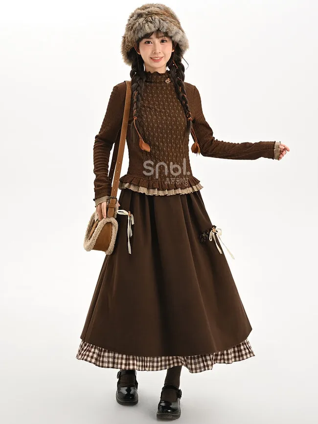 Brown Ruffle Neckline Long Sleeves Top Ruffle Hem