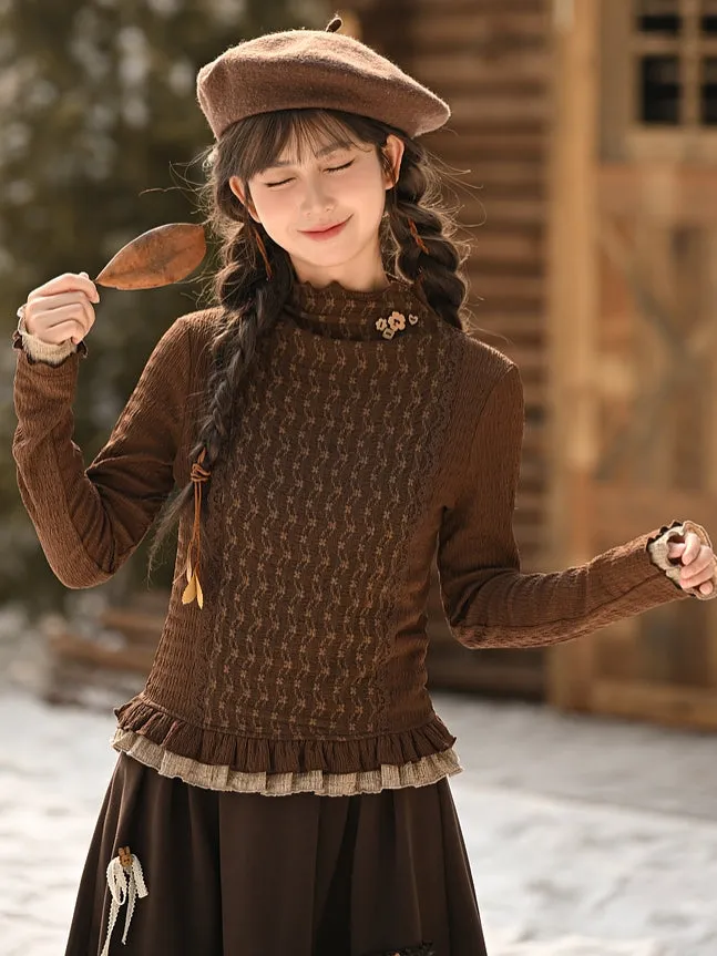 Brown Ruffle Neckline Long Sleeves Top Ruffle Hem