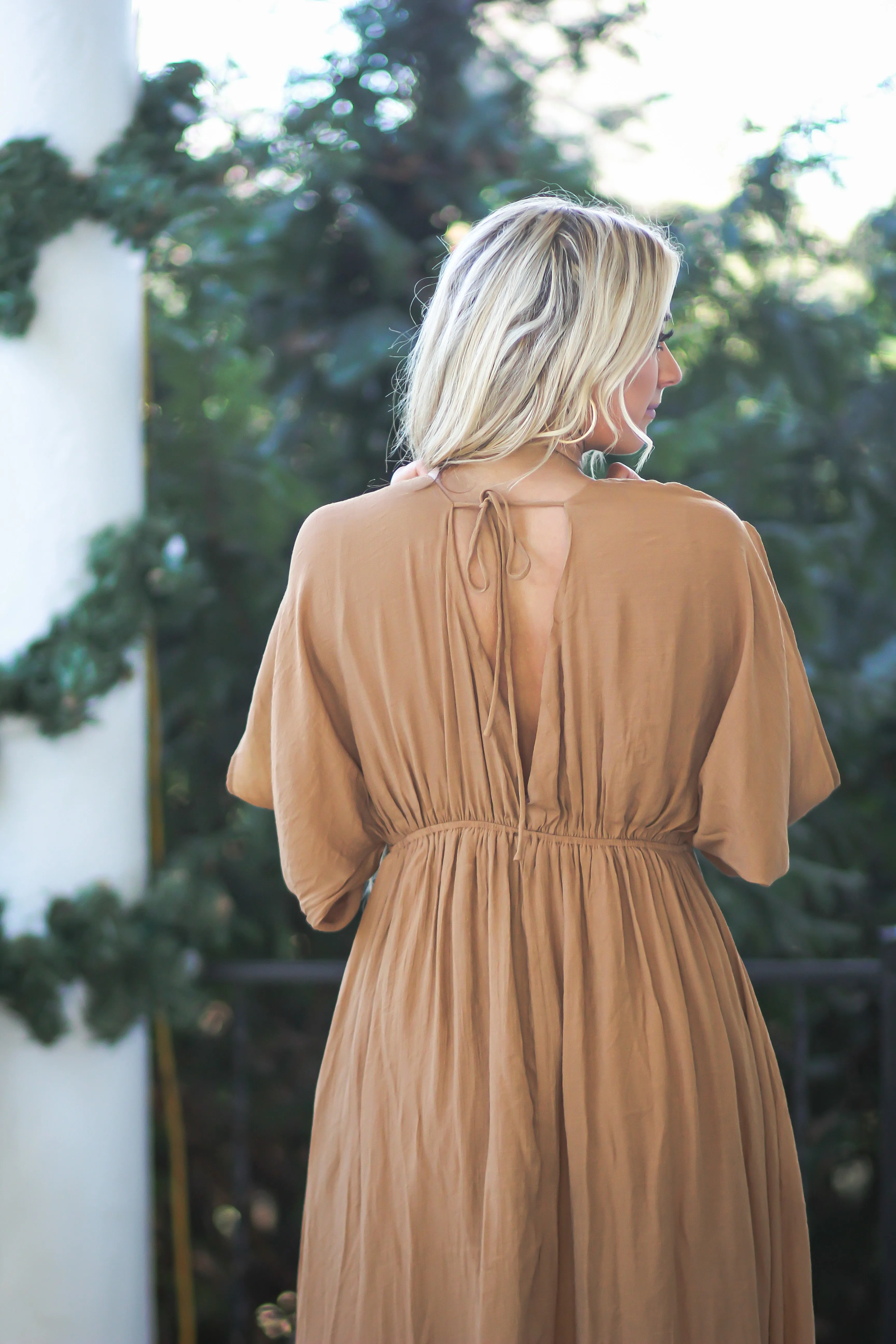 Camel Balloon Sleeve Maxi Dress