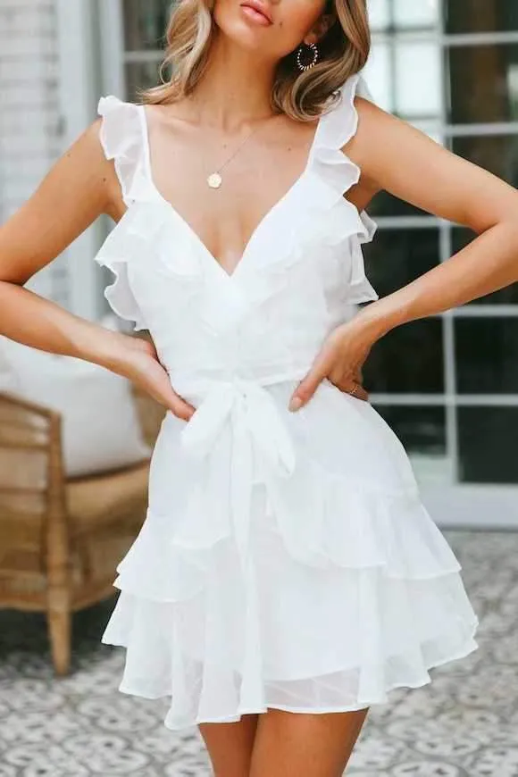 Chiffon Striped Ruffle Strap Short Tulle Tiered Ruffle Mini Dress Open Back