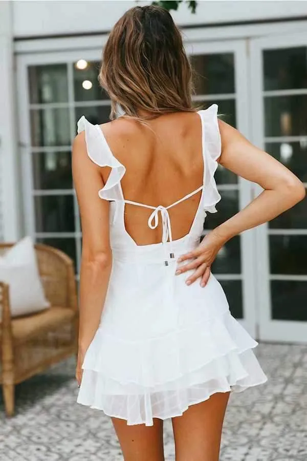 Chiffon Striped Ruffle Strap Short Tulle Tiered Ruffle Mini Dress Open Back