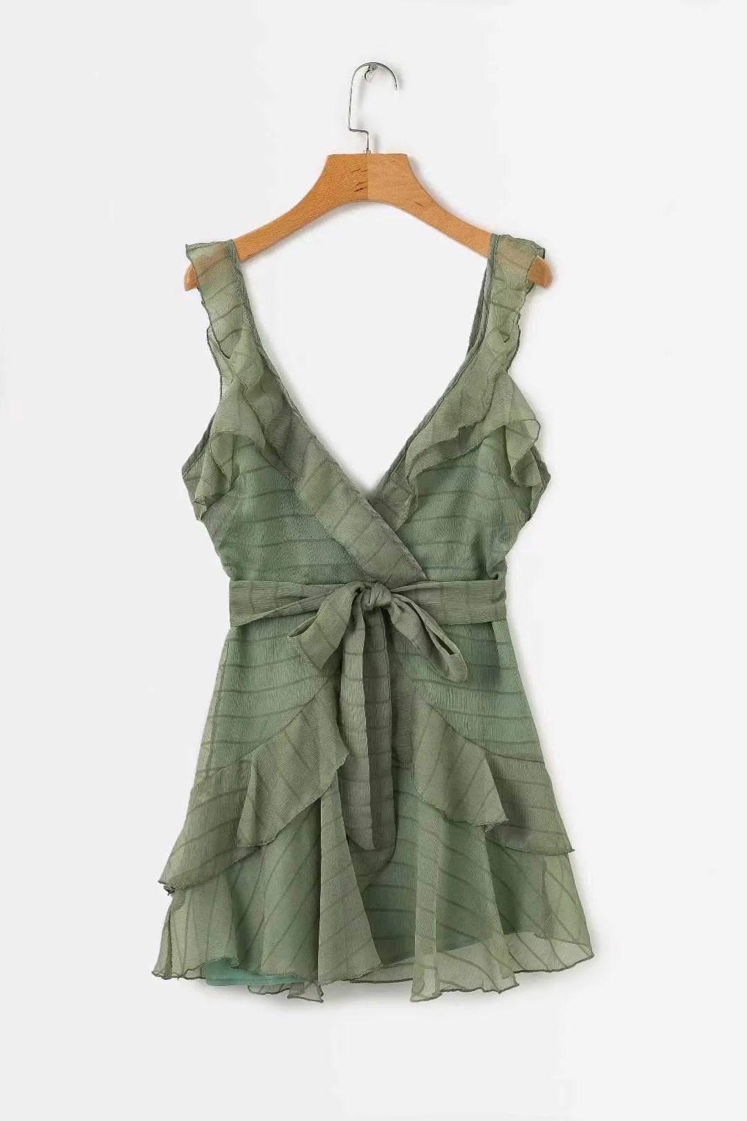 Chiffon Striped Ruffle Strap Short Tulle Tiered Ruffle Mini Dress Open Back