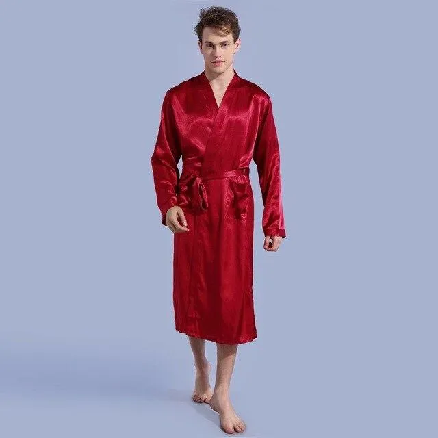 Chinese Men's Wine Red Satin Robe With Belt Kimono Bathrobe Gown Nightgown Sleepwear Home Leisure Pajamas S M L XL XXL D202-10