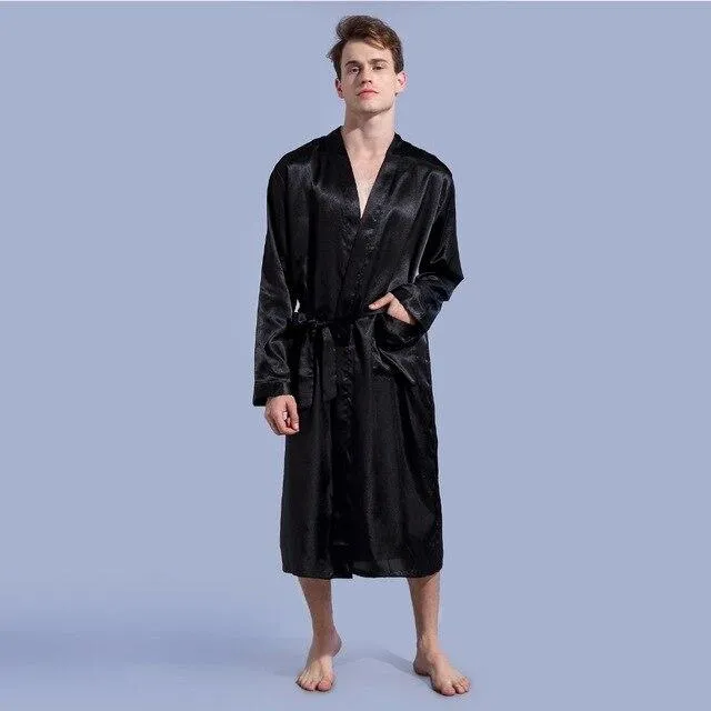 Chinese Men's Wine Red Satin Robe With Belt Kimono Bathrobe Gown Nightgown Sleepwear Home Leisure Pajamas S M L XL XXL D202-10