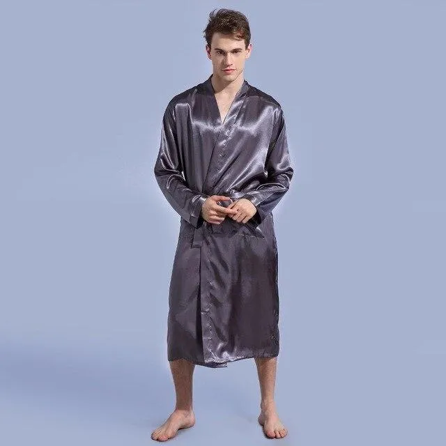 Chinese Men's Wine Red Satin Robe With Belt Kimono Bathrobe Gown Nightgown Sleepwear Home Leisure Pajamas S M L XL XXL D202-10