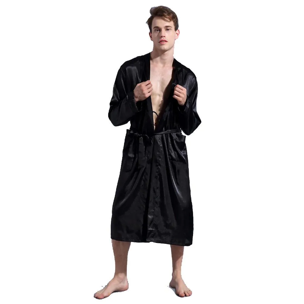 Chinese Men's Wine Red Satin Robe With Belt Kimono Bathrobe Gown Nightgown Sleepwear Home Leisure Pajamas S M L XL XXL D202-10
