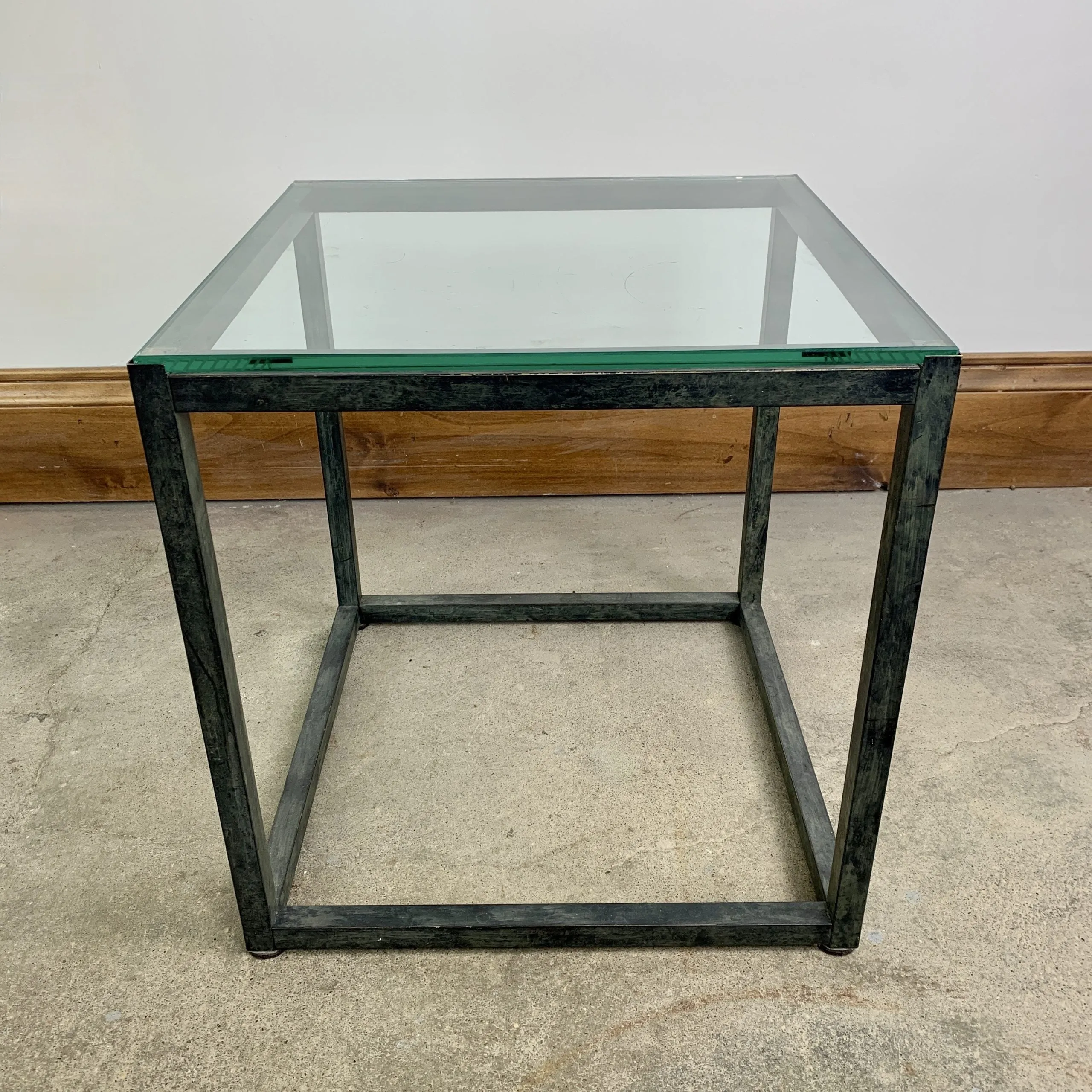 Cube Side or End Tables, Glass Top, Stained Brass Frame, Pair, Sold As Set