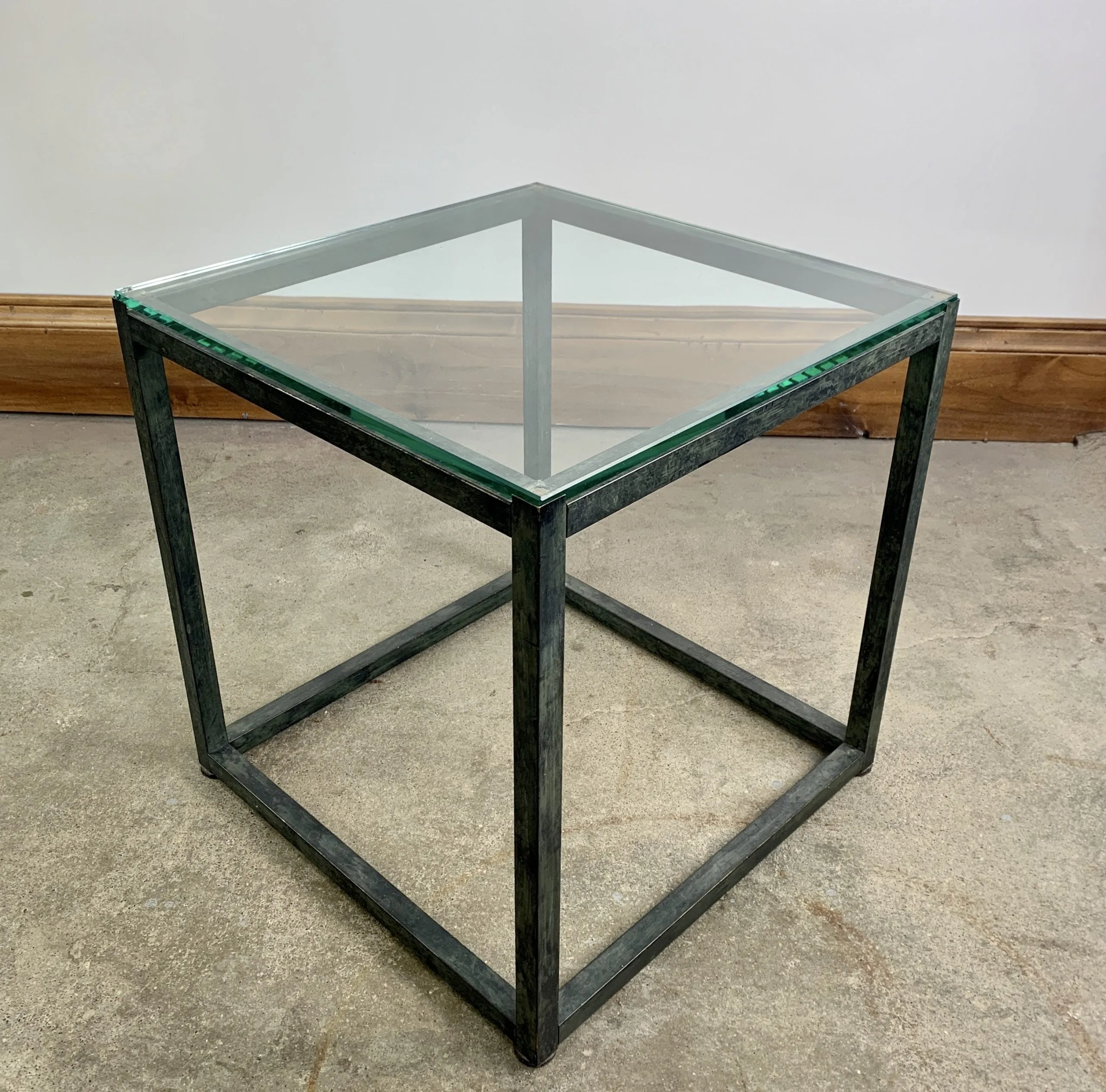 Cube Side or End Tables, Glass Top, Stained Brass Frame, Pair, Sold As Set