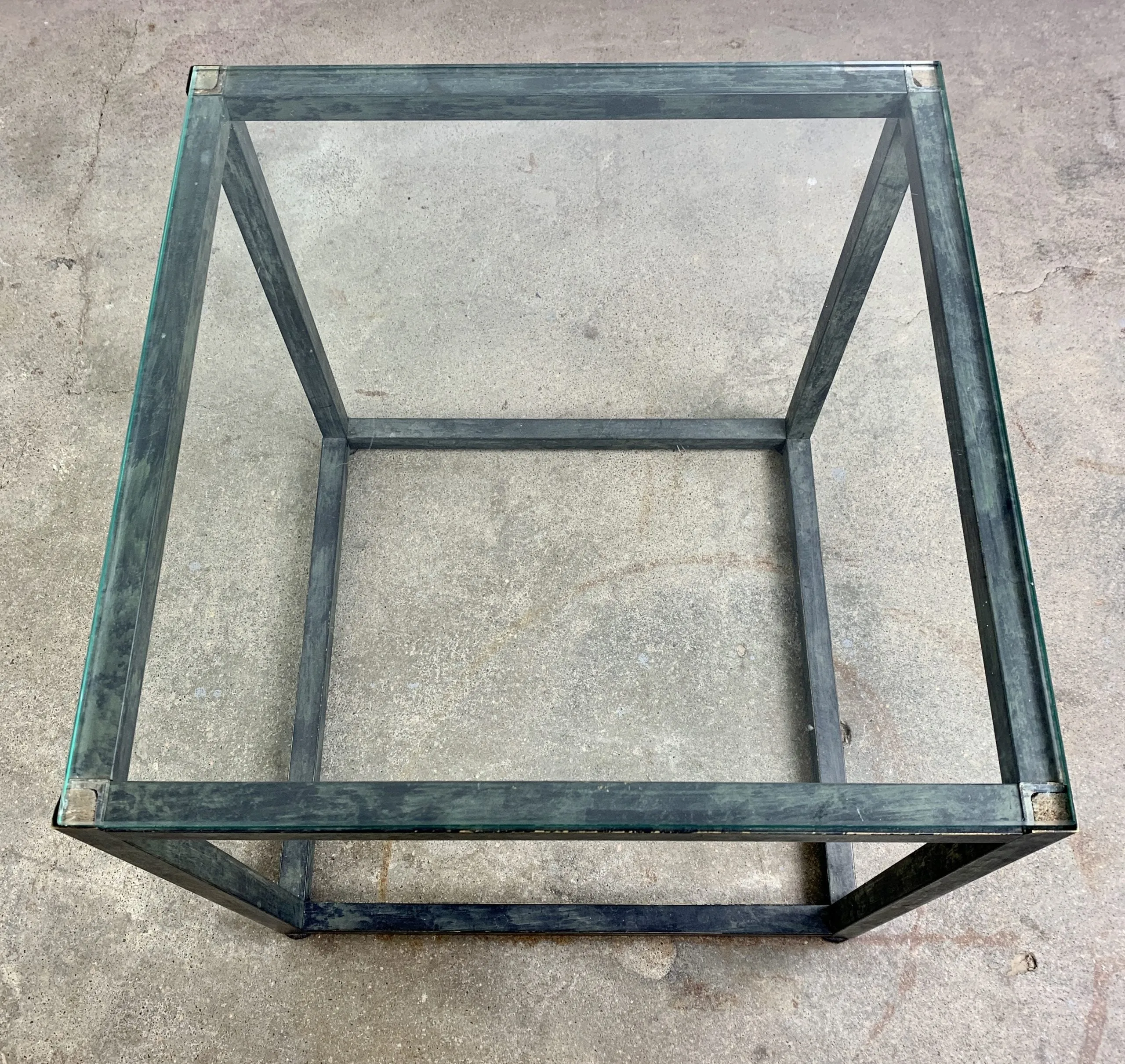 Cube Side or End Tables, Glass Top, Stained Brass Frame, Pair, Sold As Set