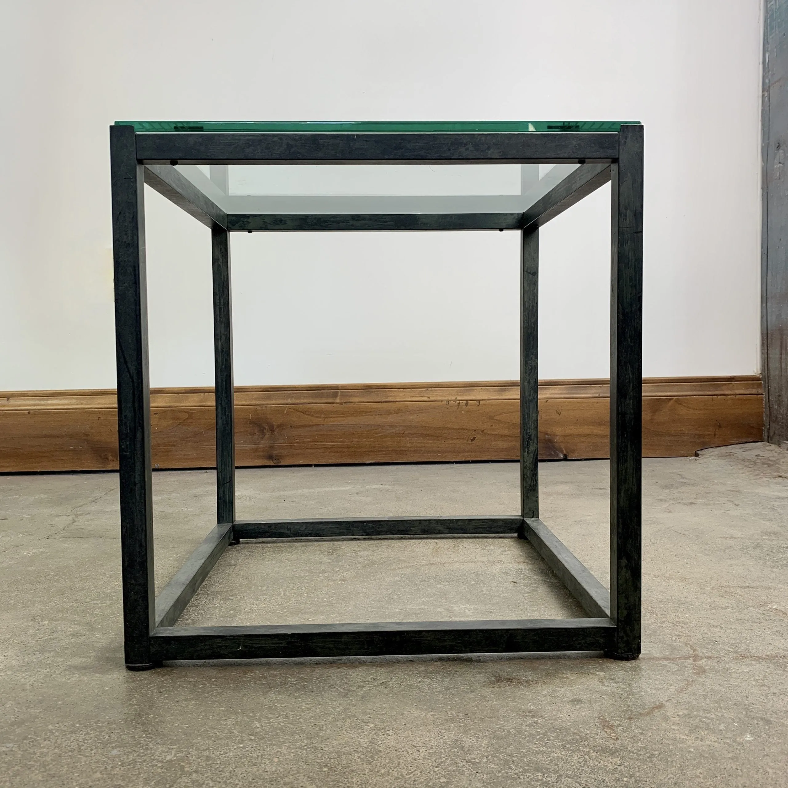 Cube Side or End Tables, Glass Top, Stained Brass Frame, Pair, Sold As Set