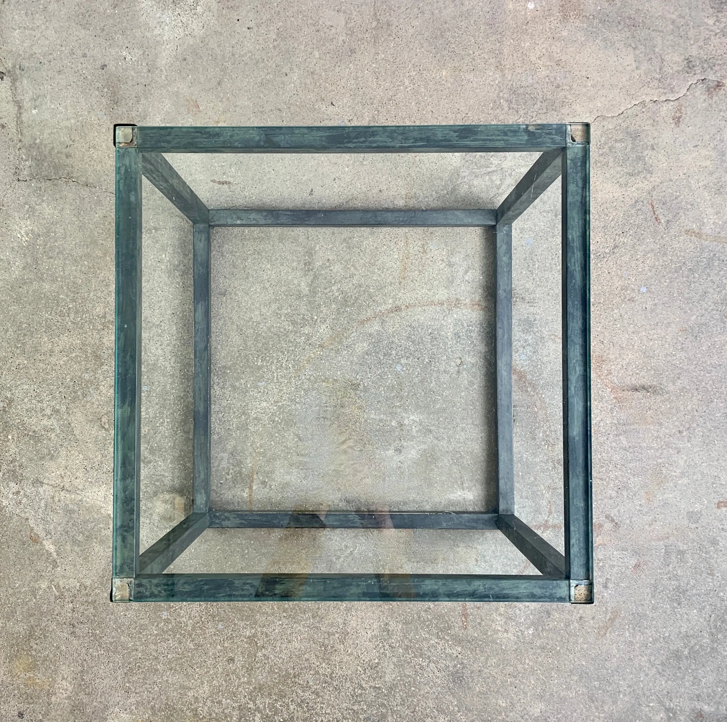 Cube Side or End Tables, Glass Top, Stained Brass Frame, Pair, Sold As Set