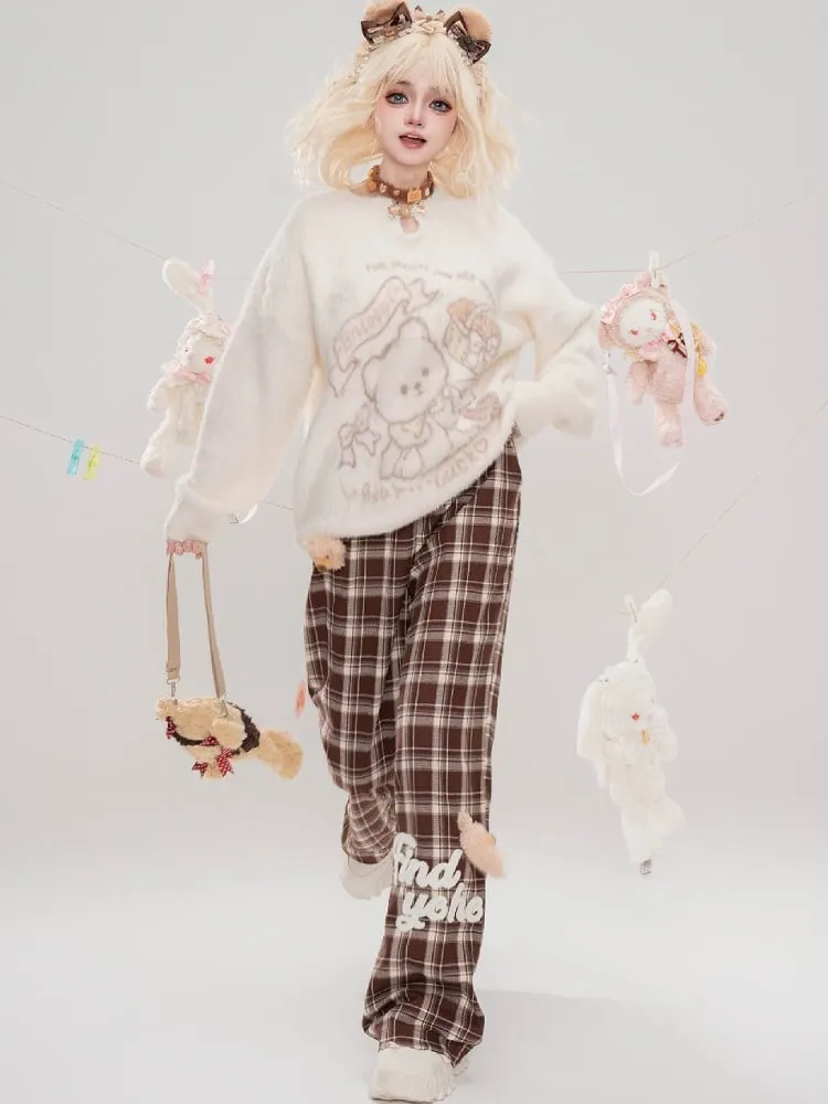 Cute Bear Adorned Camel Plaid Straight-leg Cut Pants