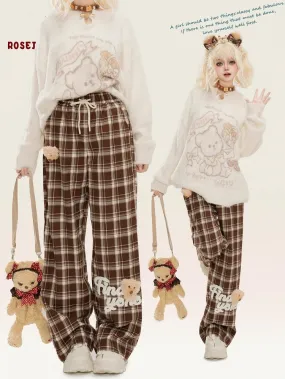 Cute Bear Adorned Camel Plaid Straight-leg Cut Pants
