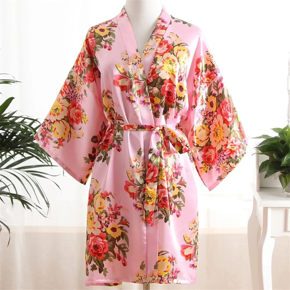 Elegant Pink Women Kimono Bath Gown Sexy Bride Bridesmaid Wedding Robe Nightgown Sexy Home Clothing Sleepwear Negligee Lingerie