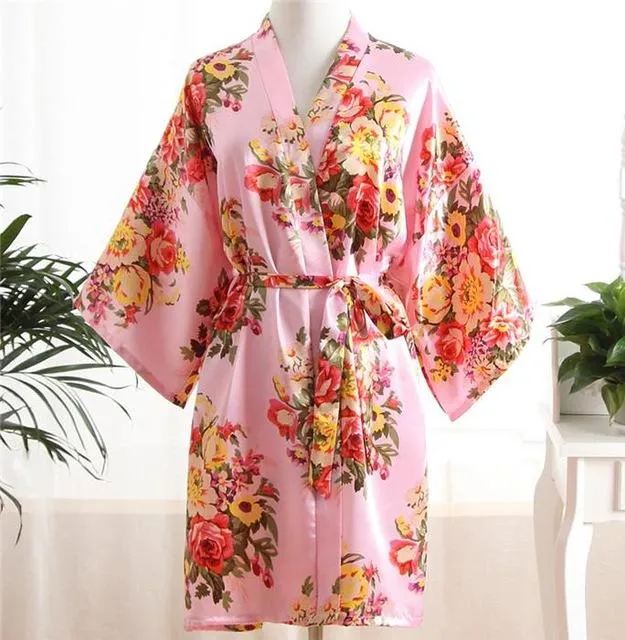 Elegant Pink Women Kimono Bath Gown Sexy Bride Bridesmaid Wedding Robe Nightgown Sexy Home Clothing Sleepwear Negligee Lingerie